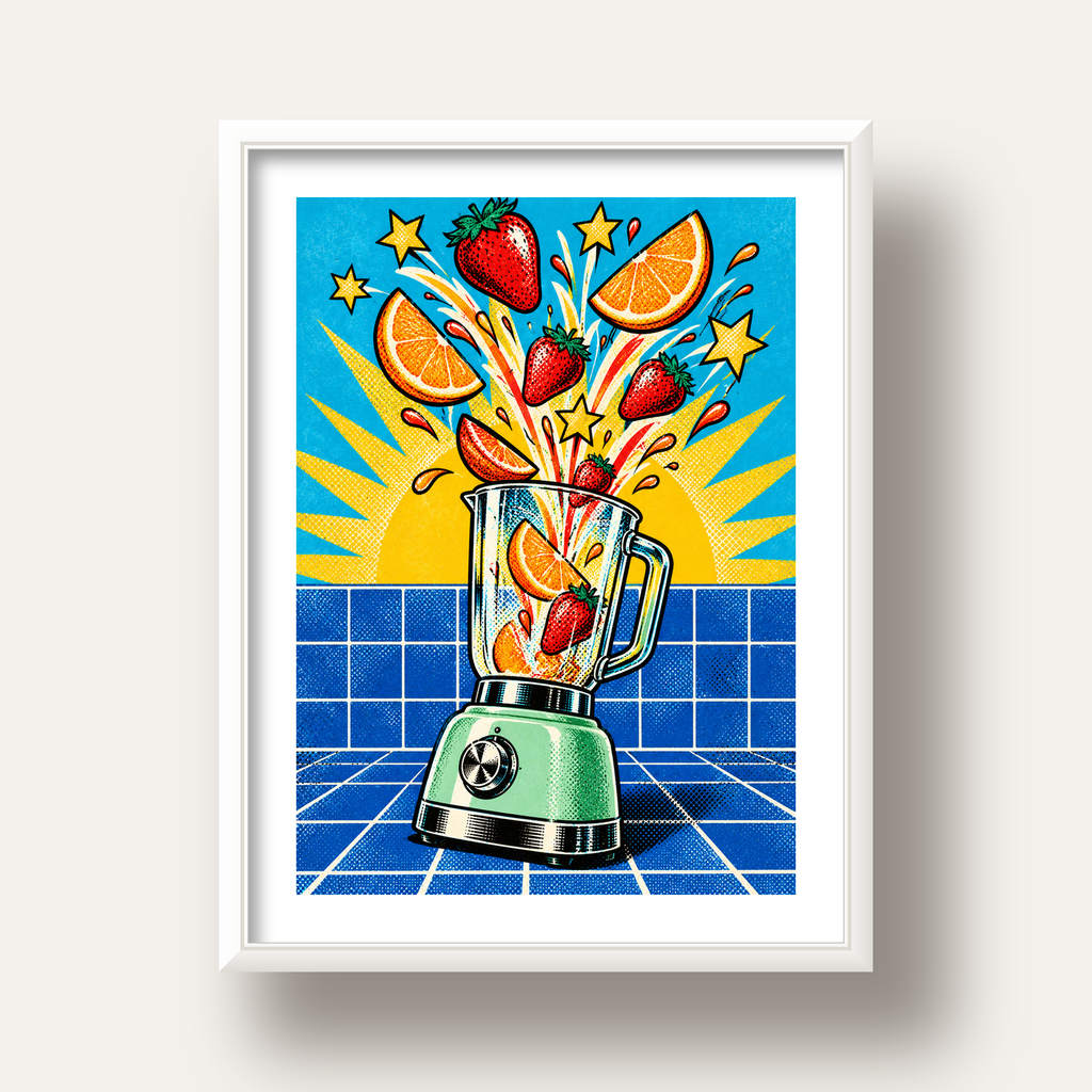 Retro Renkli Mutfak Blenderi Çizgi Roman Poster — beyaz derin çerçeveli paspartulu
