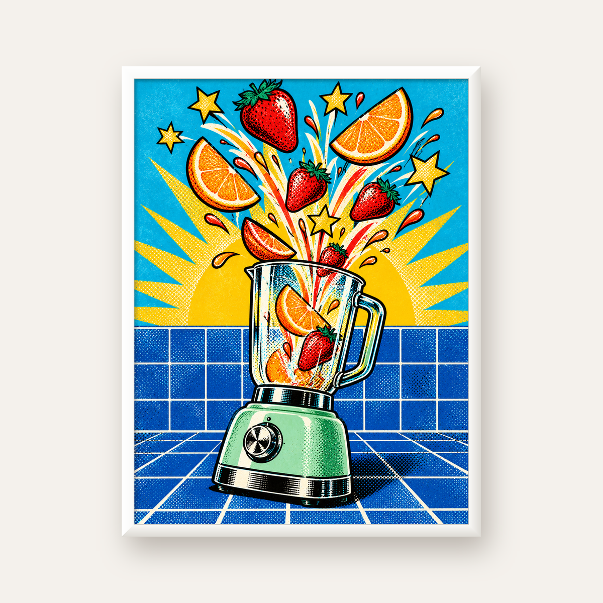 Retro Renkli Mutfak Blenderi Çizgi Roman Poster — beyaz çerçeveli dikey poster