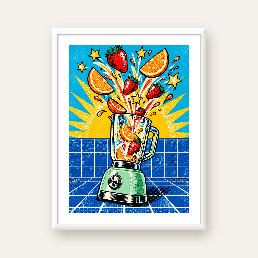Retro Renkli Mutfak Blenderi Çizgi Roman Poster — beyaz çerçeveli dikey poster