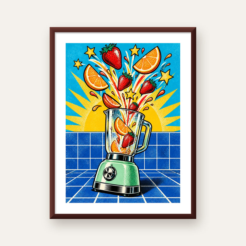 Retro Renkli Mutfak Blenderi Çizgi Roman Poster — ceviz çerçeveli paspartulu