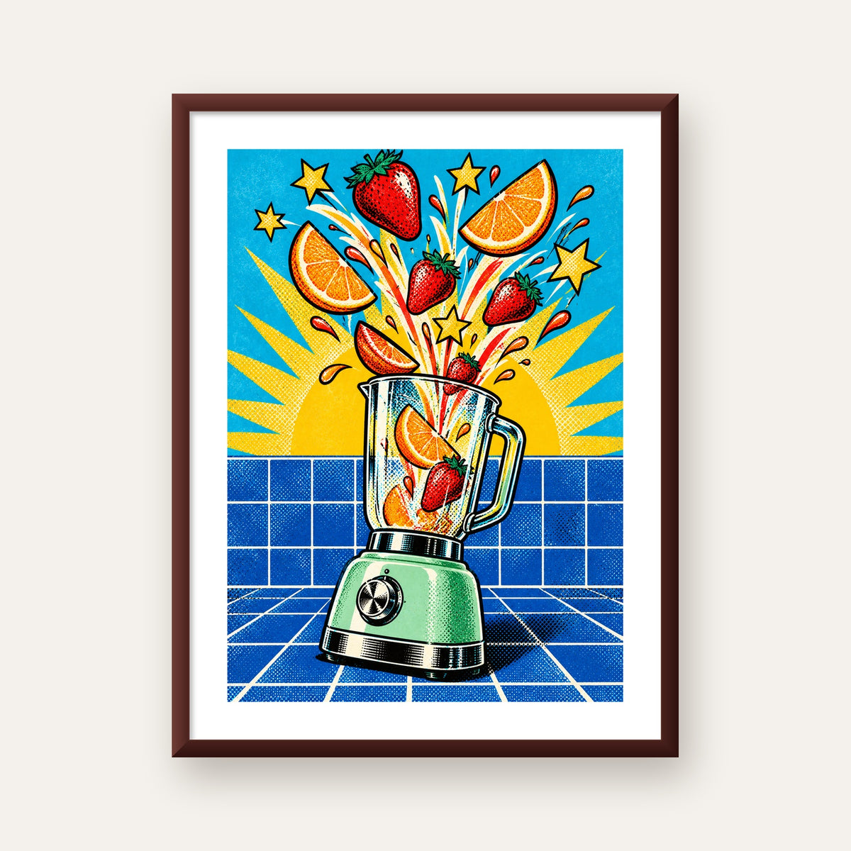 Retro Renkli Mutfak Blenderi Çizgi Roman Poster — ceviz çerçeveli paspartulu