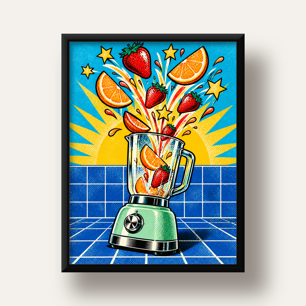 Retro Renkli Mutfak Blenderi Çizgi Roman Poster — siyah derin çerçeveli