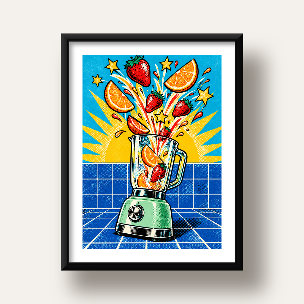 Retro Renkli Mutfak Blenderi Çizgi Roman Poster — siyah derin çerçeveli paspartulu