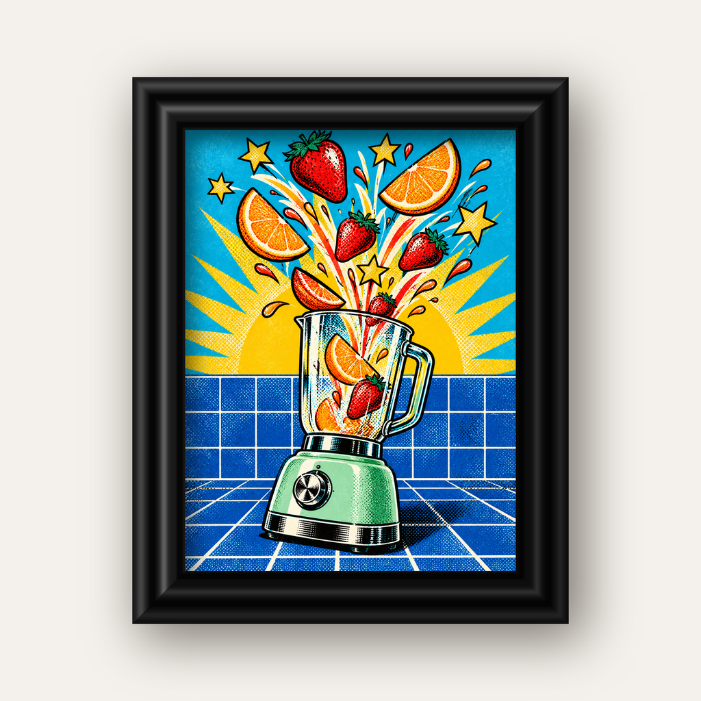 Retro Renkli Mutfak Blenderi Çizgi Roman Poster — siyah galeri çerçeveli