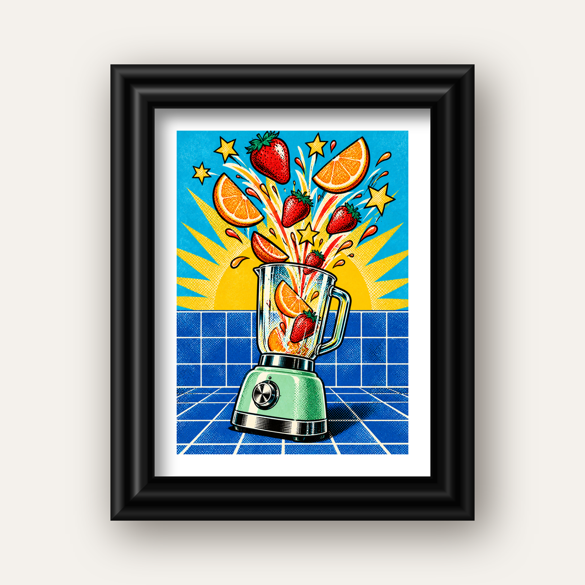 Retro Renkli Mutfak Blenderi Çizgi Roman Poster — siyah galeri çerçeveli paspartulu