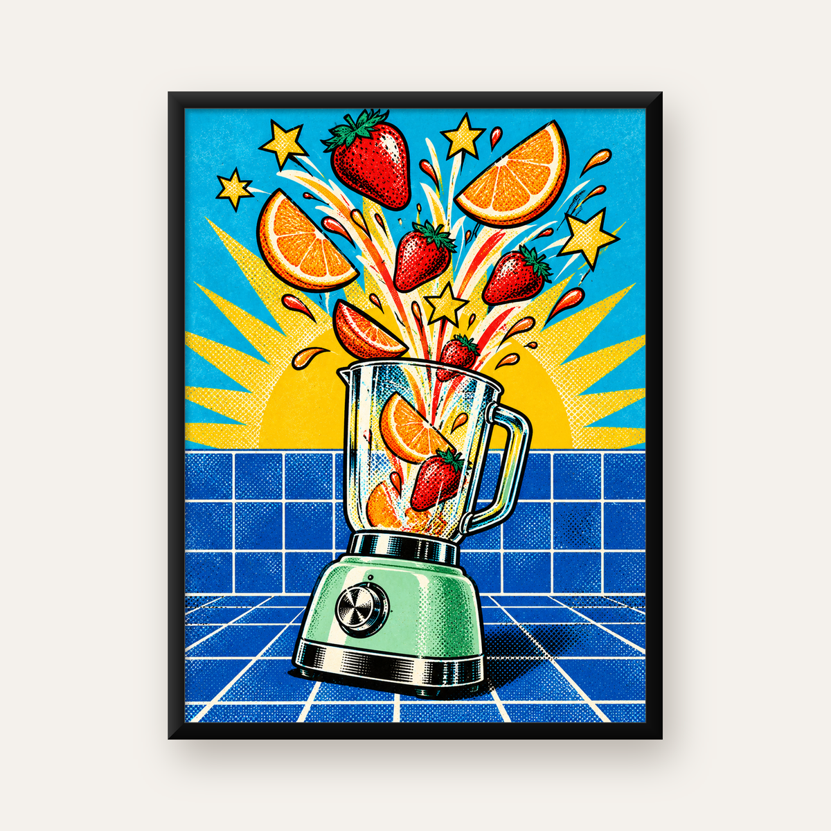 Retro Renkli Mutfak Blenderi Çizgi Roman Poster — Dikey baskı, düz siyah çerçeveli duvar posteri