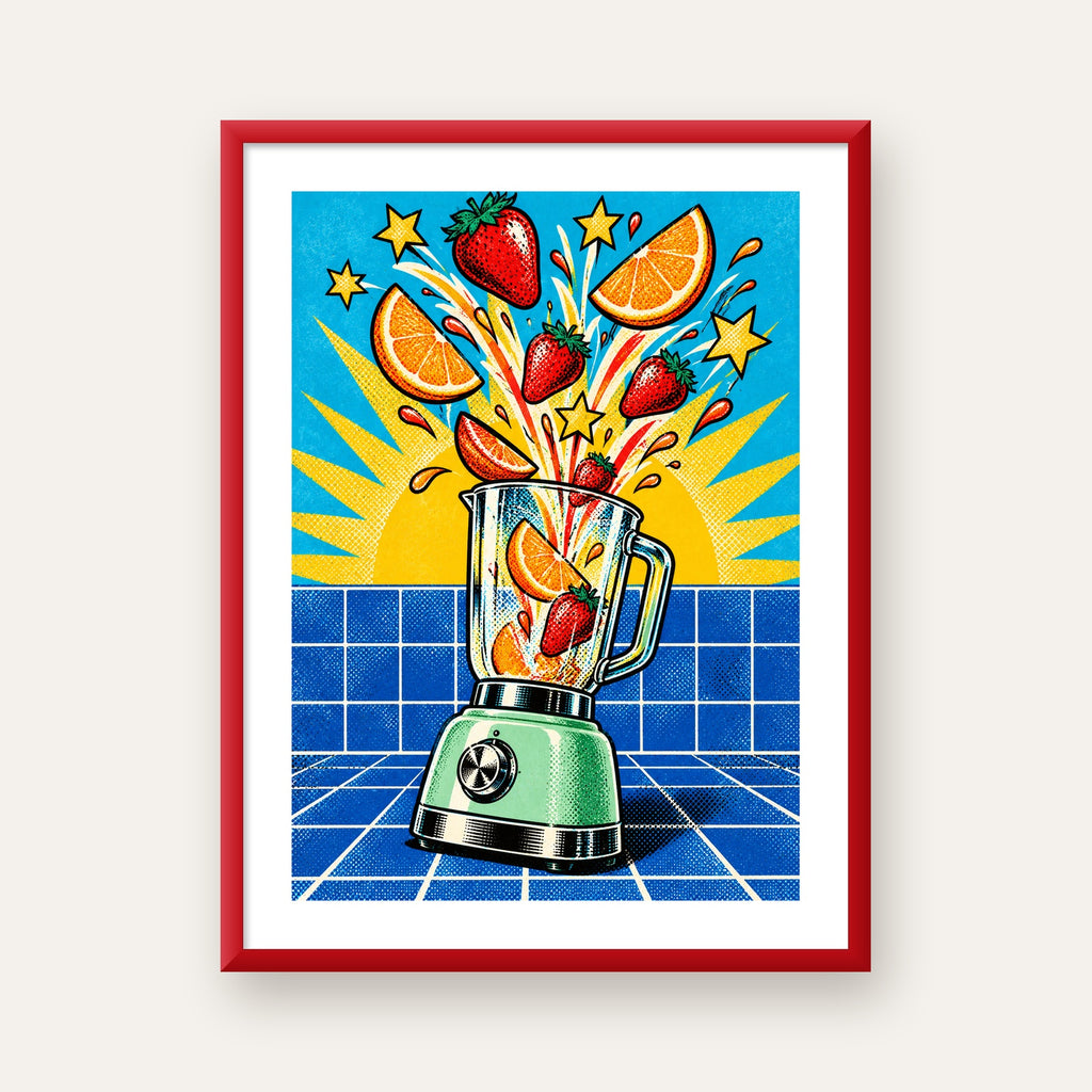 Retro Renkli Mutfak Blenderi Çizgi Roman Poster — kırmızı çerçeveli paspartulu