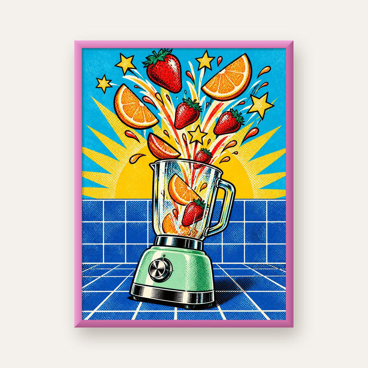 Retro Renkli Mutfak Blenderi Çizgi Roman Poster — pembe çerçeveli