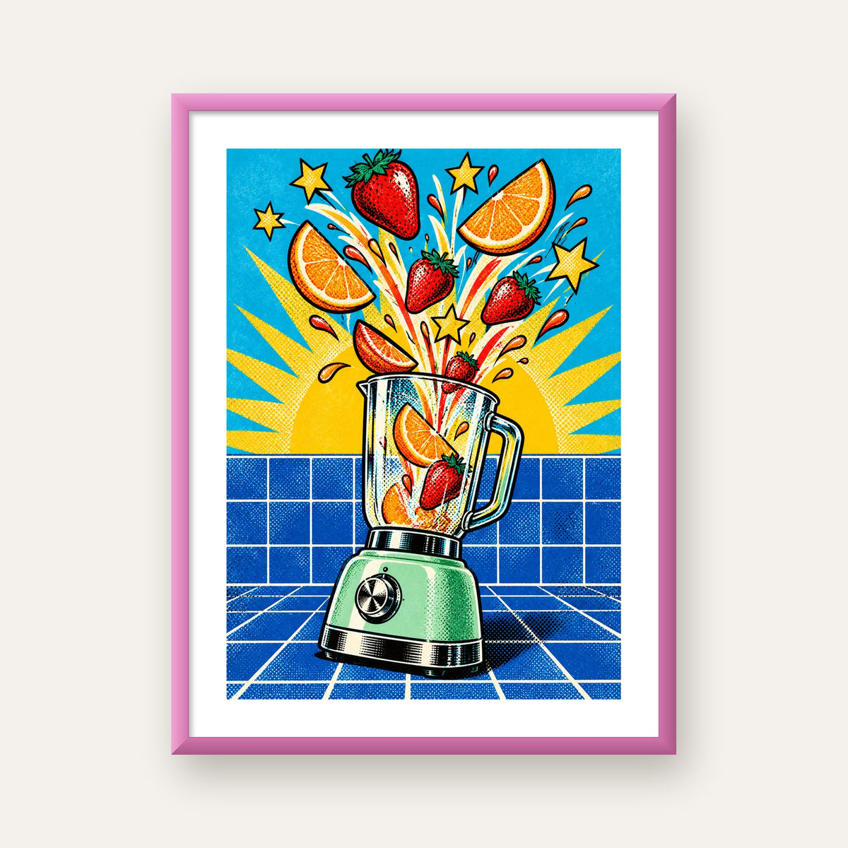 Retro Renkli Mutfak Blenderi Çizgi Roman Poster — pembe çerçeveli paspartulu