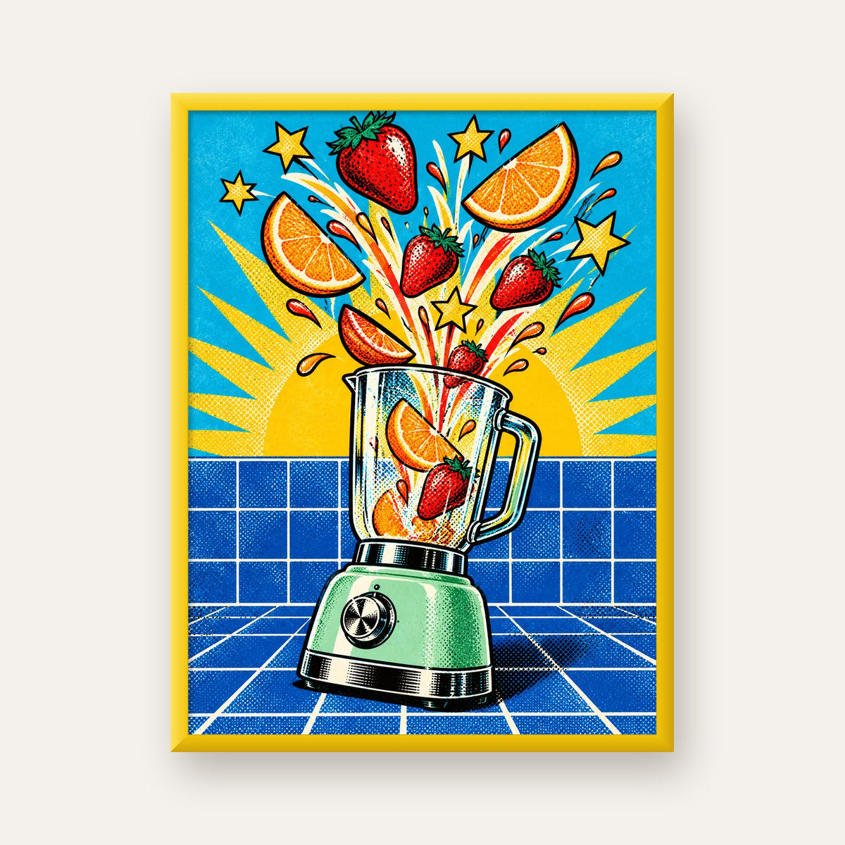 Retro Renkli Mutfak Blenderi Çizgi Roman Poster — sarı çerçeveli