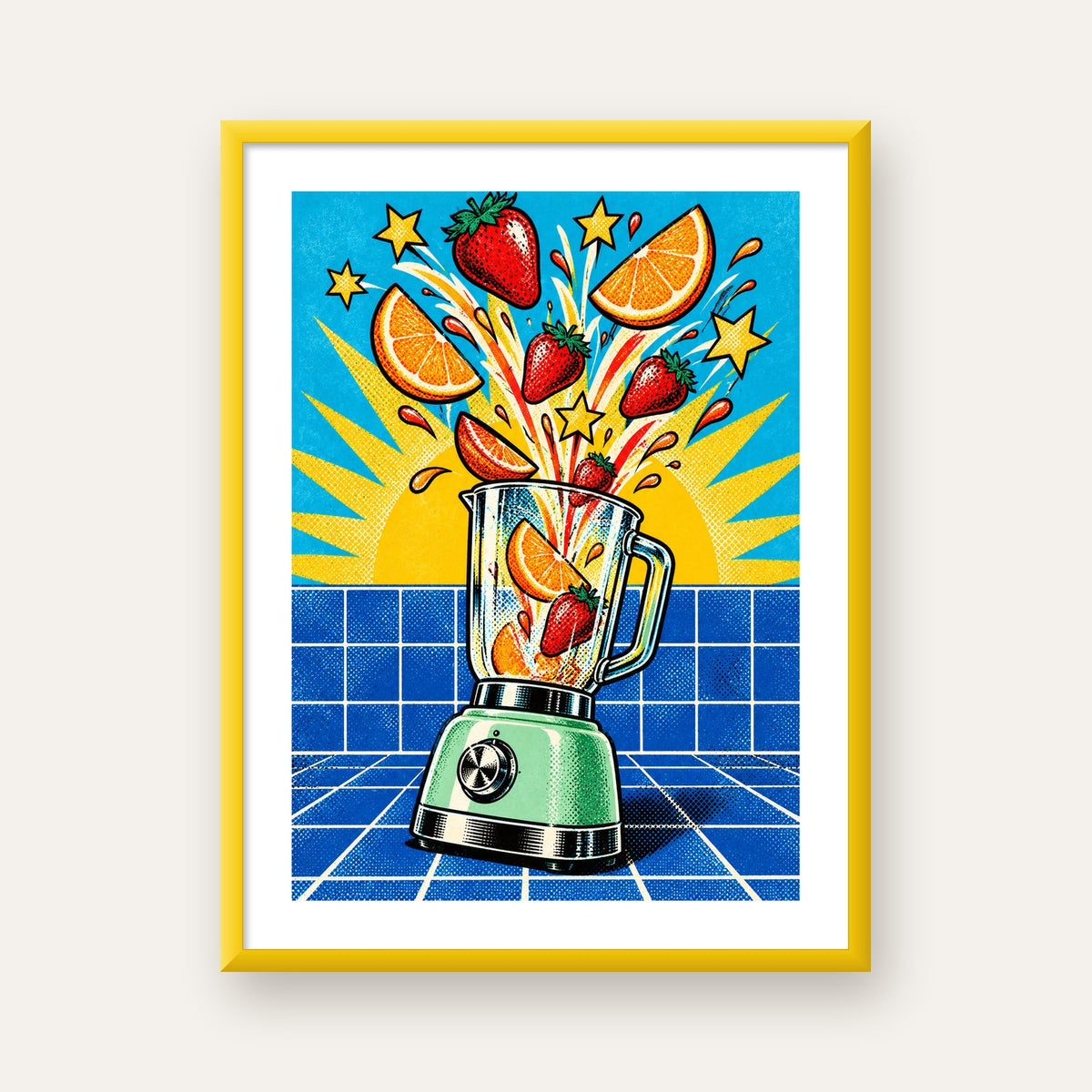 Retro Renkli Mutfak Blenderi Çizgi Roman Poster — sarı çerçeveli paspartulu