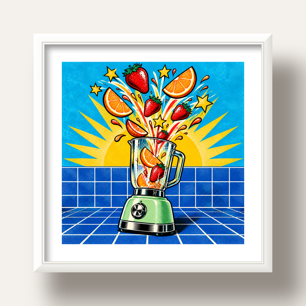 Retro Renkli Mutfak Blenderi Çizgi Roman Poster — beyaz derin çerçeveli paspartulu