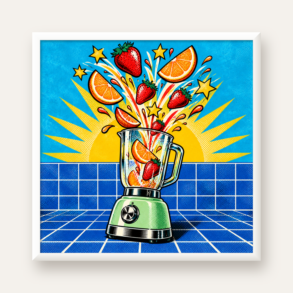 Retro Renkli Mutfak Blenderi Çizgi Roman Poster — beyaz çerçeveli kare poster