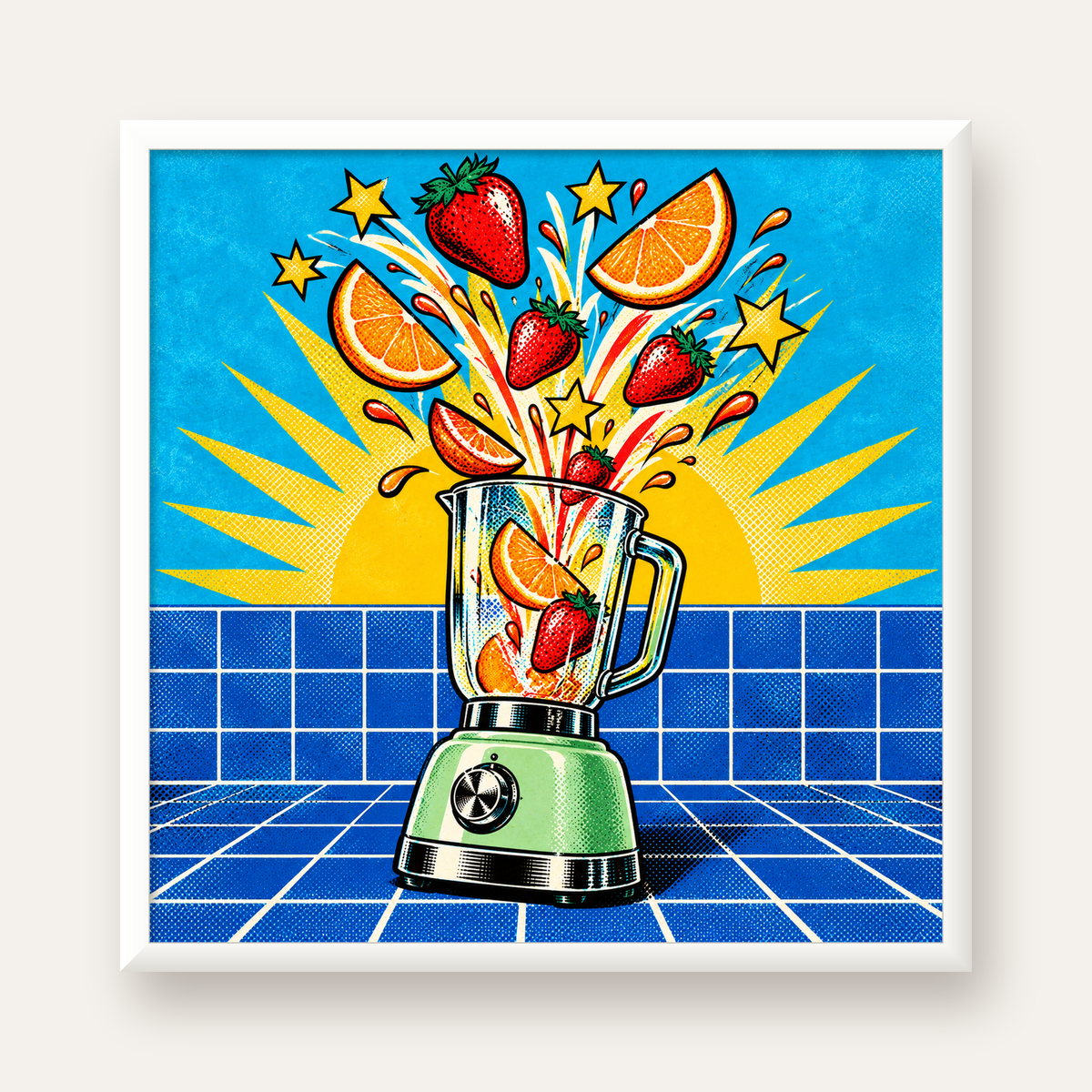 Retro Renkli Mutfak Blenderi Çizgi Roman Poster — beyaz çerçeveli kare poster