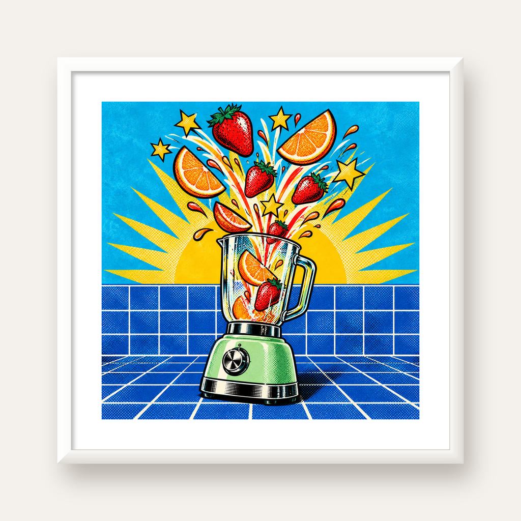 Retro Renkli Mutfak Blenderi Çizgi Roman Poster — beyaz çerçeveli kare poster