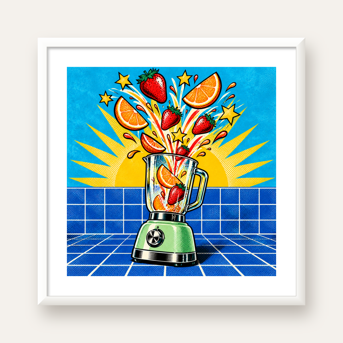 Retro Renkli Mutfak Blenderi Çizgi Roman Poster — beyaz çerçeveli kare poster