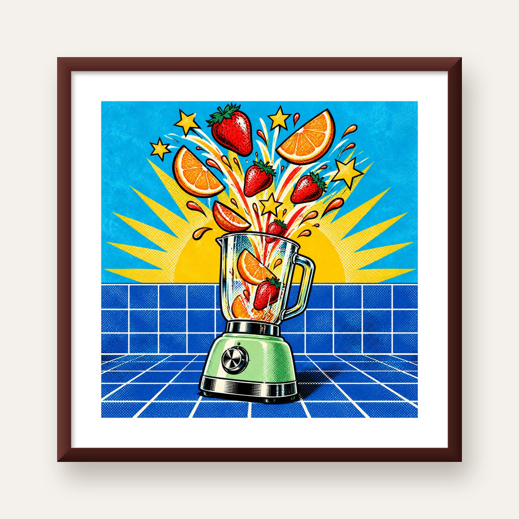 Retro Renkli Mutfak Blenderi Çizgi Roman Poster — ceviz çerçeveli paspartulu