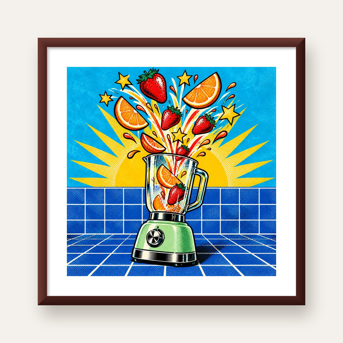 Retro Renkli Mutfak Blenderi Çizgi Roman Poster — ceviz çerçeveli paspartulu