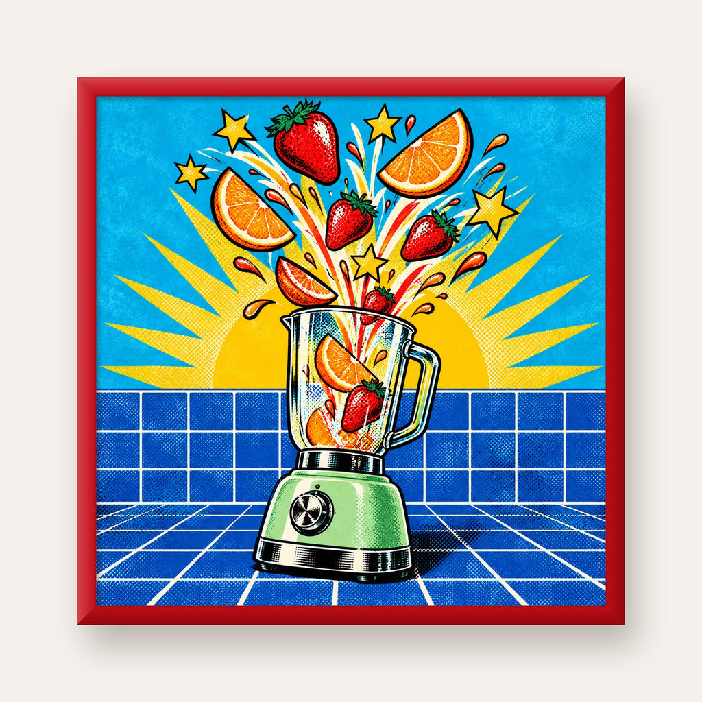 Retro Renkli Mutfak Blenderi Çizgi Roman Poster — kırmızı çerçeveli