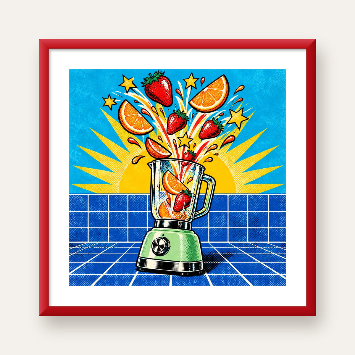 Retro Renkli Mutfak Blenderi Çizgi Roman Poster — kırmızı çerçeveli paspartulu