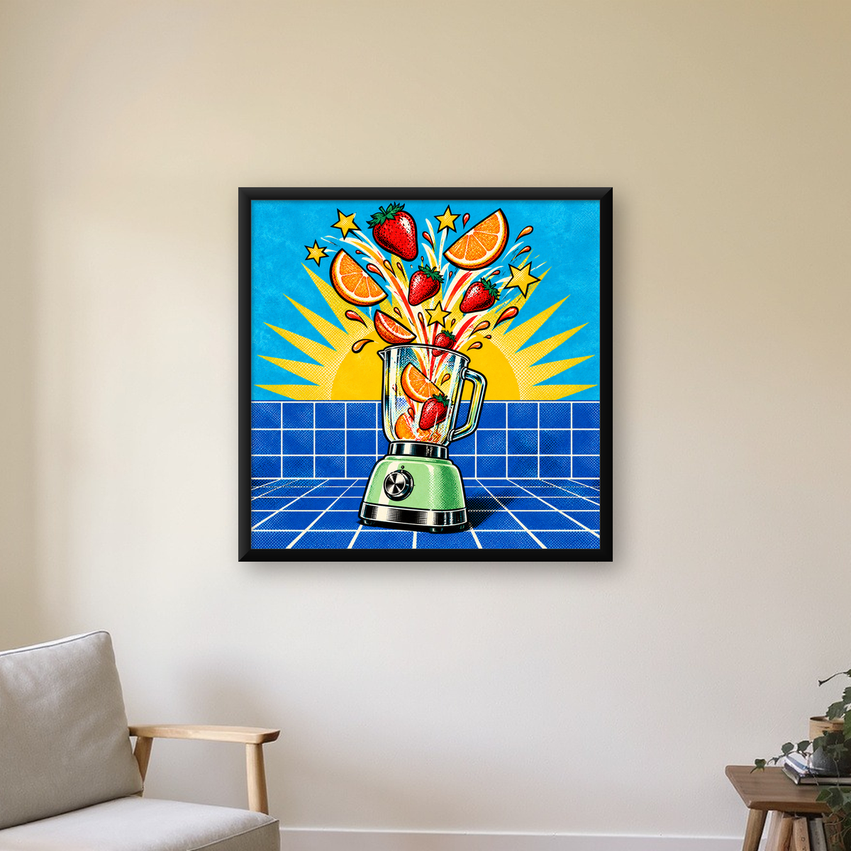 Retro Renkli Mutfak Blenderi Çizgi Roman Poster — Kare baskı, çerçeveli hâliyle bir ev duvarında