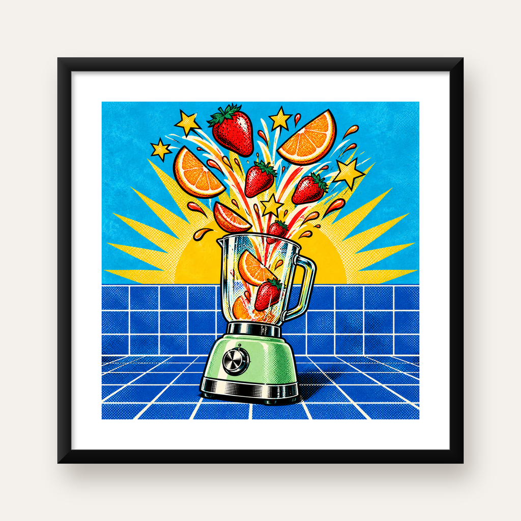 Retro Renkli Mutfak Blenderi Çizgi Roman Poster — Kare baskı, beyaz paspartulu