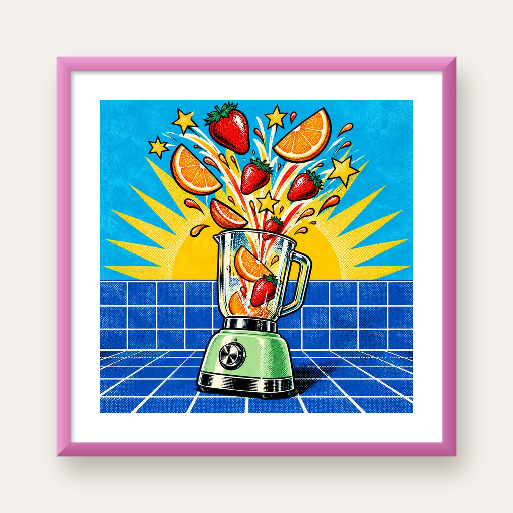 Retro Renkli Mutfak Blenderi Çizgi Roman Poster — pembe çerçeveli paspartulu