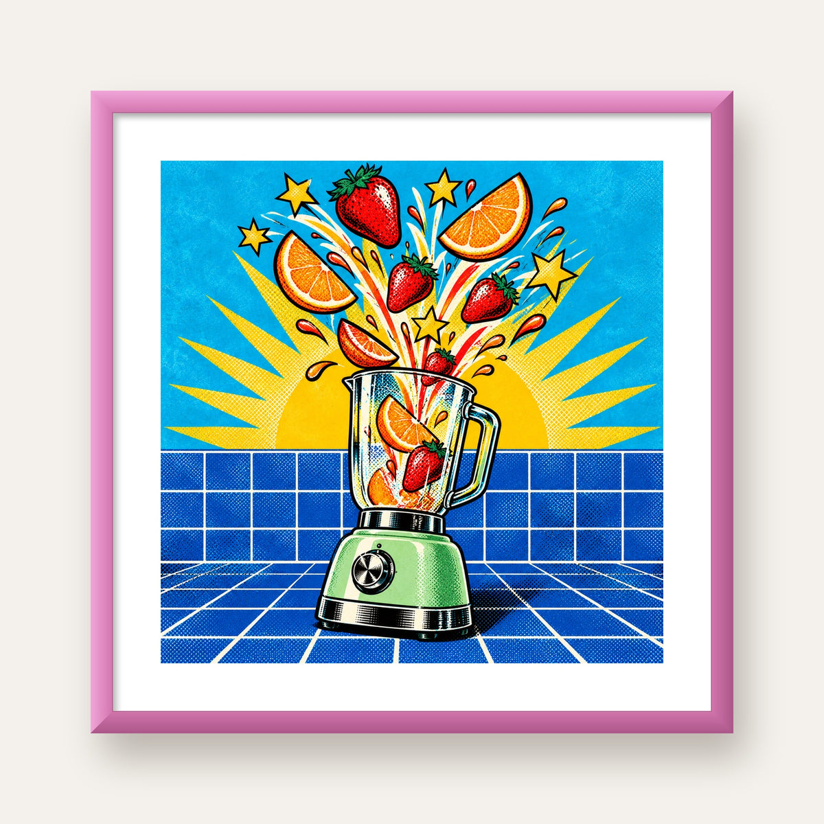 Retro Renkli Mutfak Blenderi Çizgi Roman Poster — pembe çerçeveli paspartulu