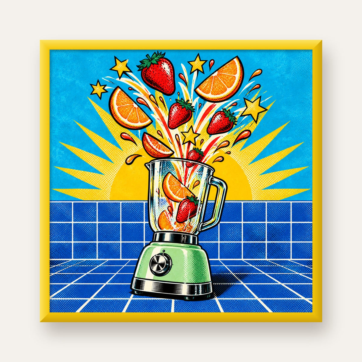 Retro Renkli Mutfak Blenderi Çizgi Roman Poster — sarı çerçeveli