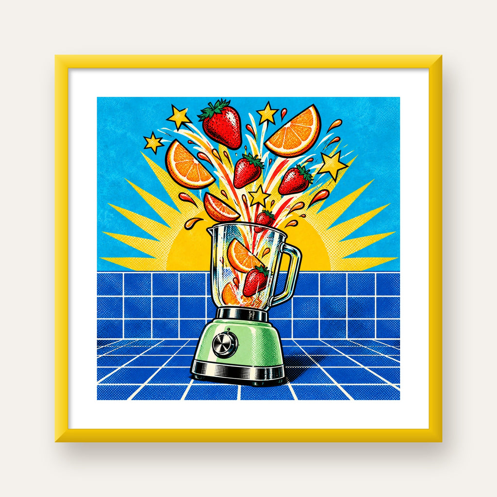 Retro Renkli Mutfak Blenderi Çizgi Roman Poster — sarı çerçeveli paspartulu