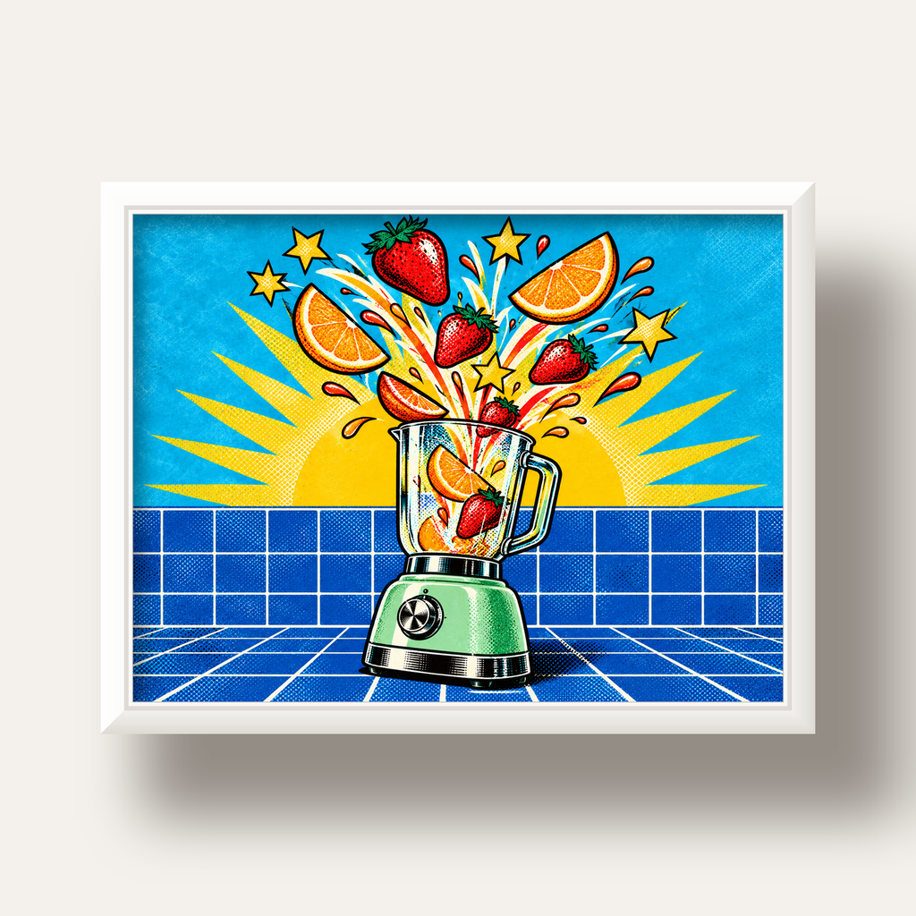 Retro Renkli Mutfak Blenderi Çizgi Roman Poster — beyaz derin çerçeveli