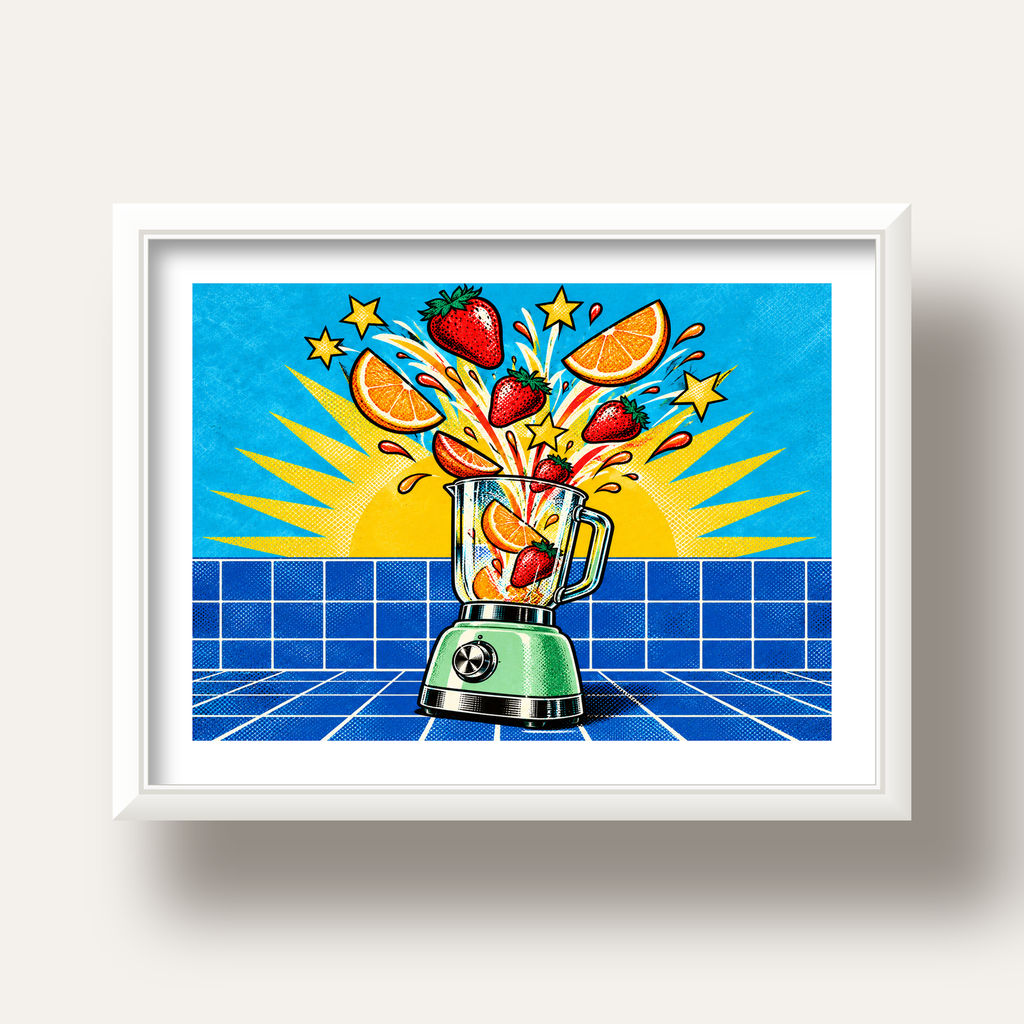 Retro Renkli Mutfak Blenderi Çizgi Roman Poster — beyaz derin çerçeveli paspartulu