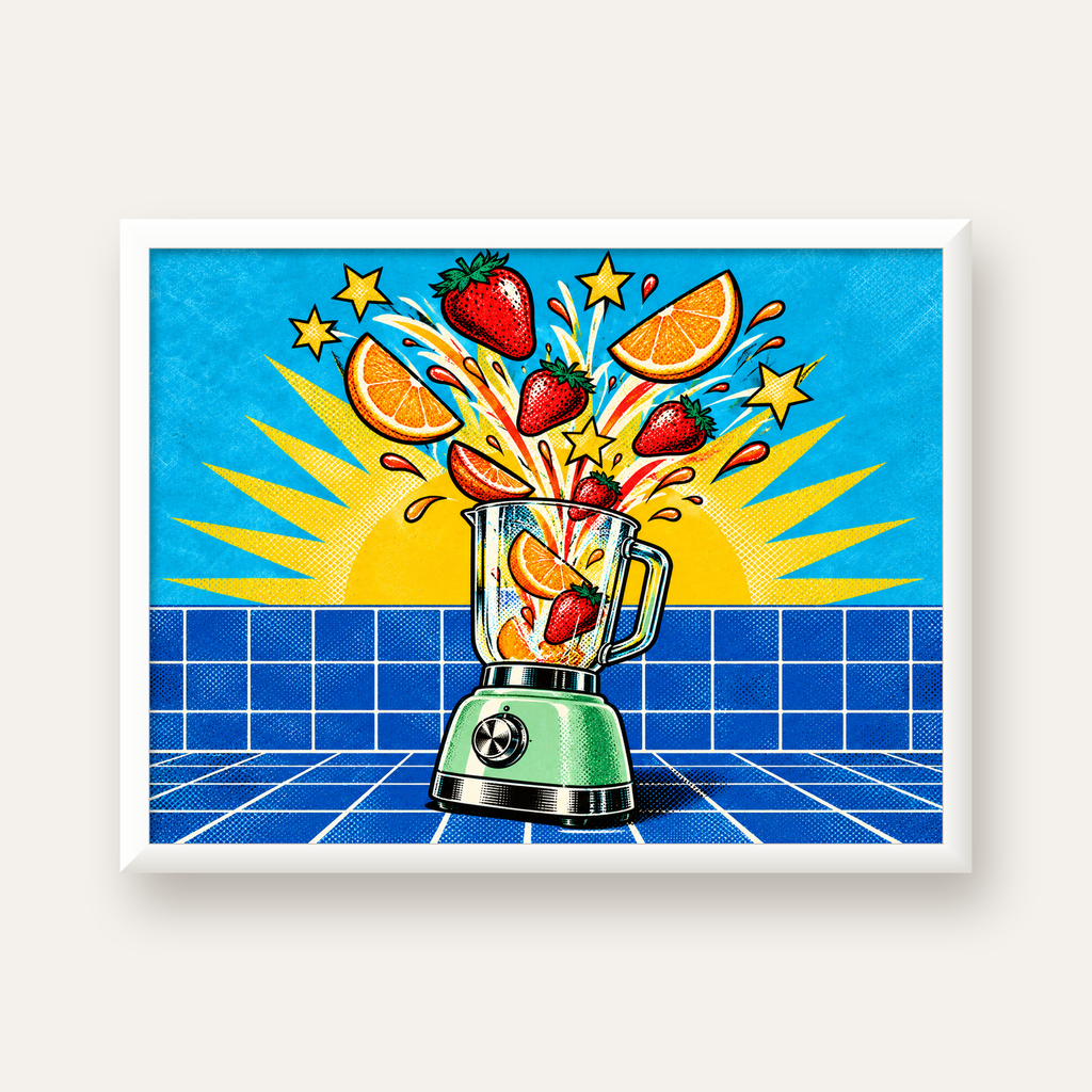 Retro Renkli Mutfak Blenderi Çizgi Roman Poster — beyaz çerçeveli yatay poster