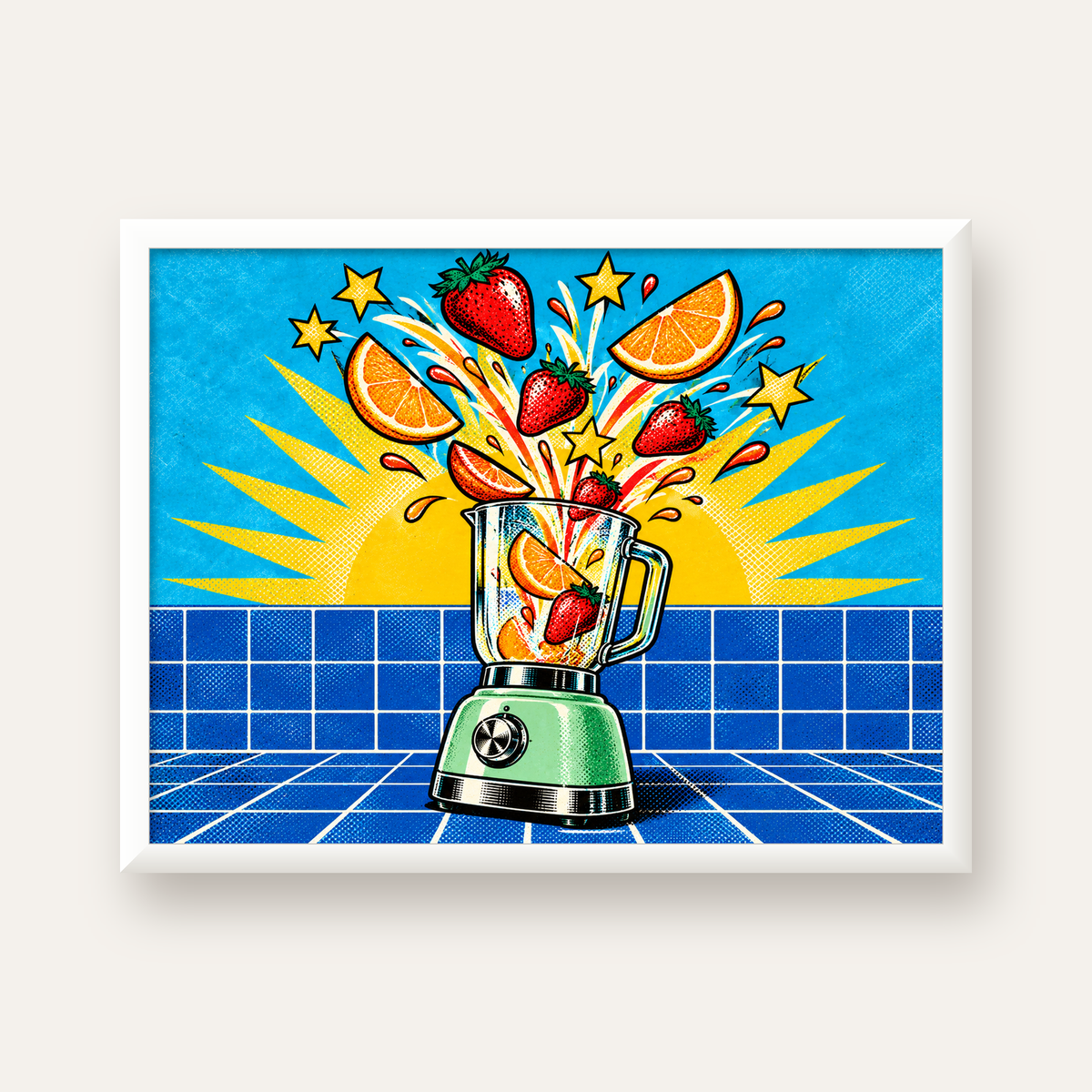 Retro Renkli Mutfak Blenderi Çizgi Roman Poster — beyaz çerçeveli yatay poster