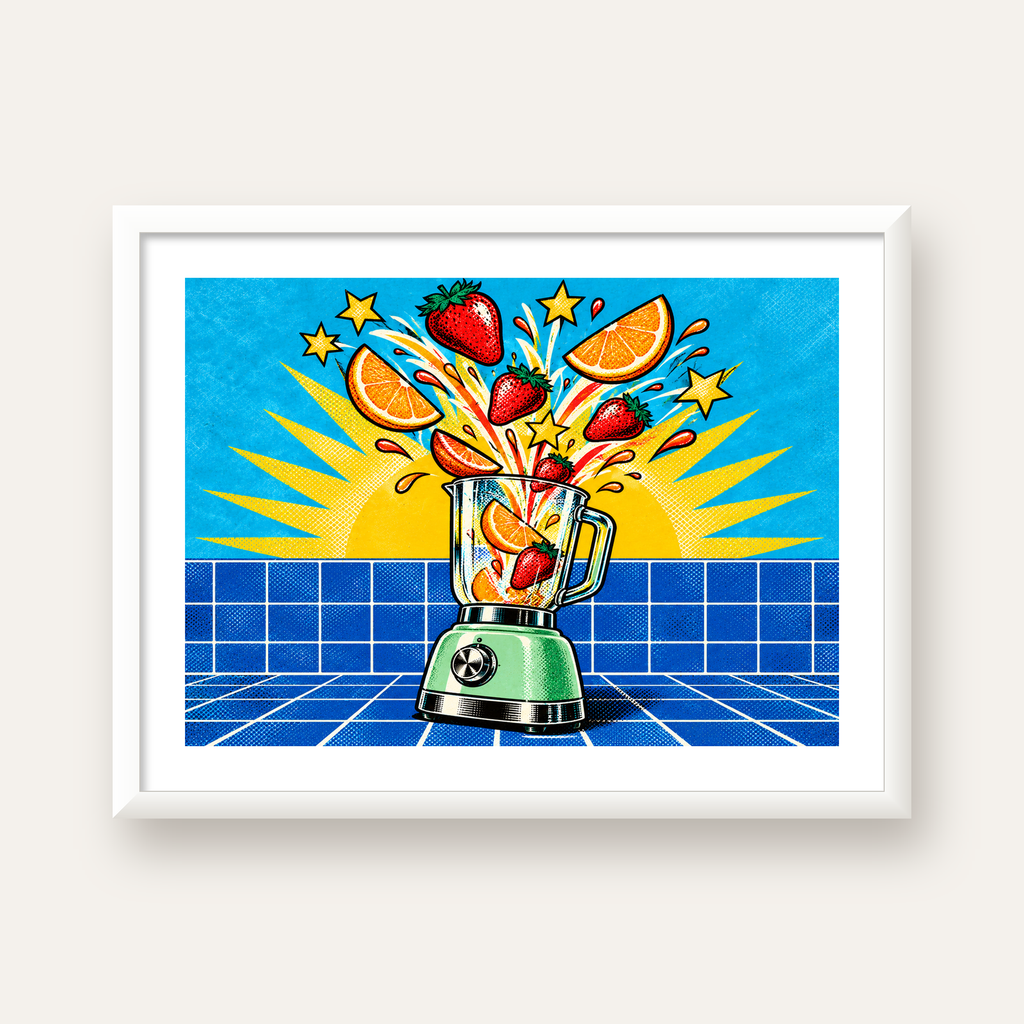 Retro Renkli Mutfak Blenderi Çizgi Roman Poster — beyaz çerçeveli yatay poster