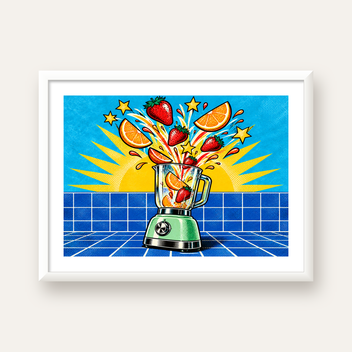 Retro Renkli Mutfak Blenderi Çizgi Roman Poster — beyaz çerçeveli yatay poster