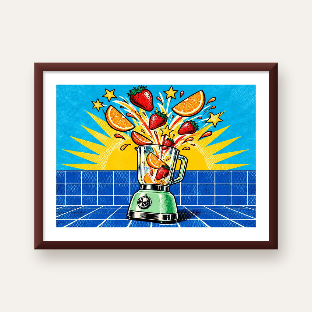Retro Renkli Mutfak Blenderi Çizgi Roman Poster — ceviz çerçeveli paspartulu
