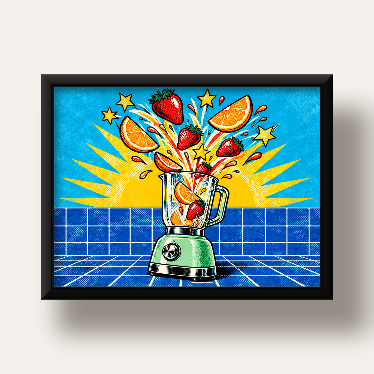 Retro Renkli Mutfak Blenderi Çizgi Roman Poster — siyah derin çerçeveli