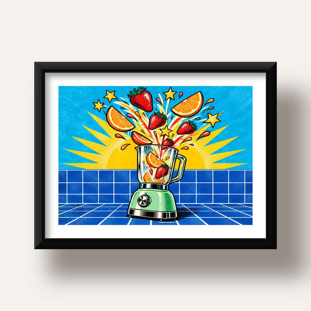 Retro Renkli Mutfak Blenderi Çizgi Roman Poster — siyah derin çerçeveli paspartulu