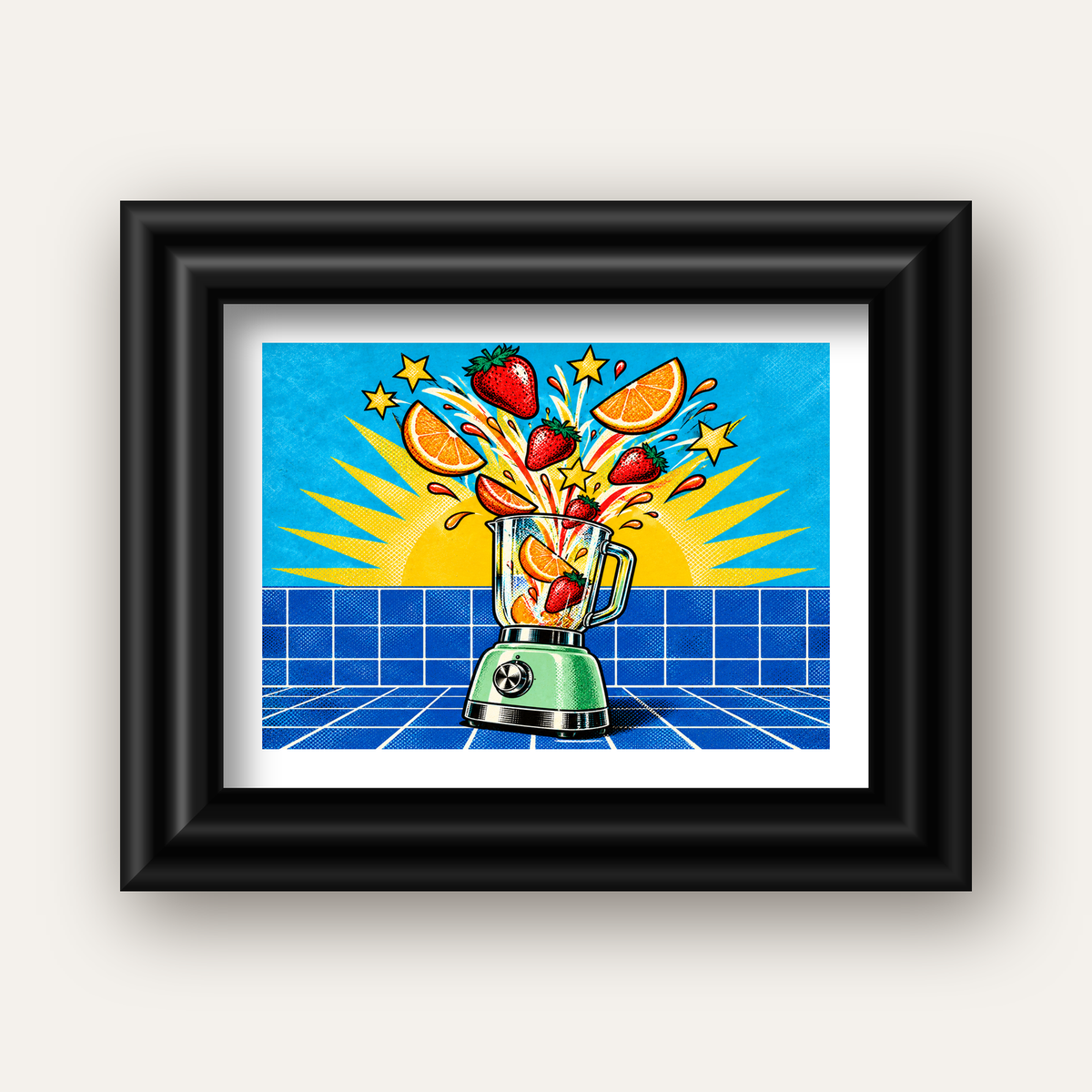 Retro Renkli Mutfak Blenderi Çizgi Roman Poster — siyah galeri çerçeveli paspartulu