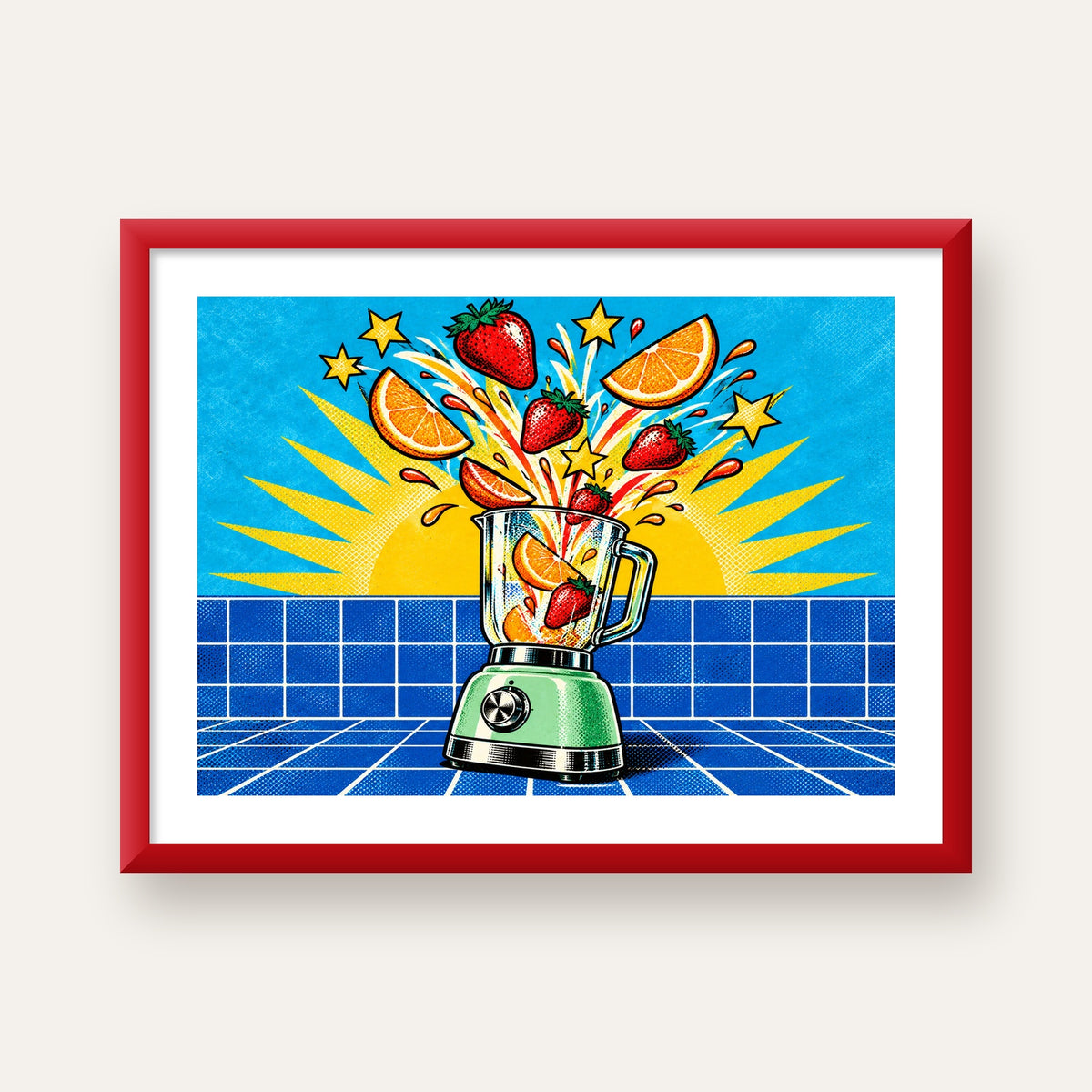 Retro Renkli Mutfak Blenderi Çizgi Roman Poster — kırmızı çerçeveli paspartulu