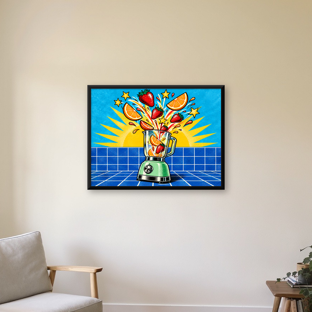 Retro Renkli Mutfak Blenderi Çizgi Roman Poster — Yatay baskı, çerçeveli hâliyle bir ev duvarında