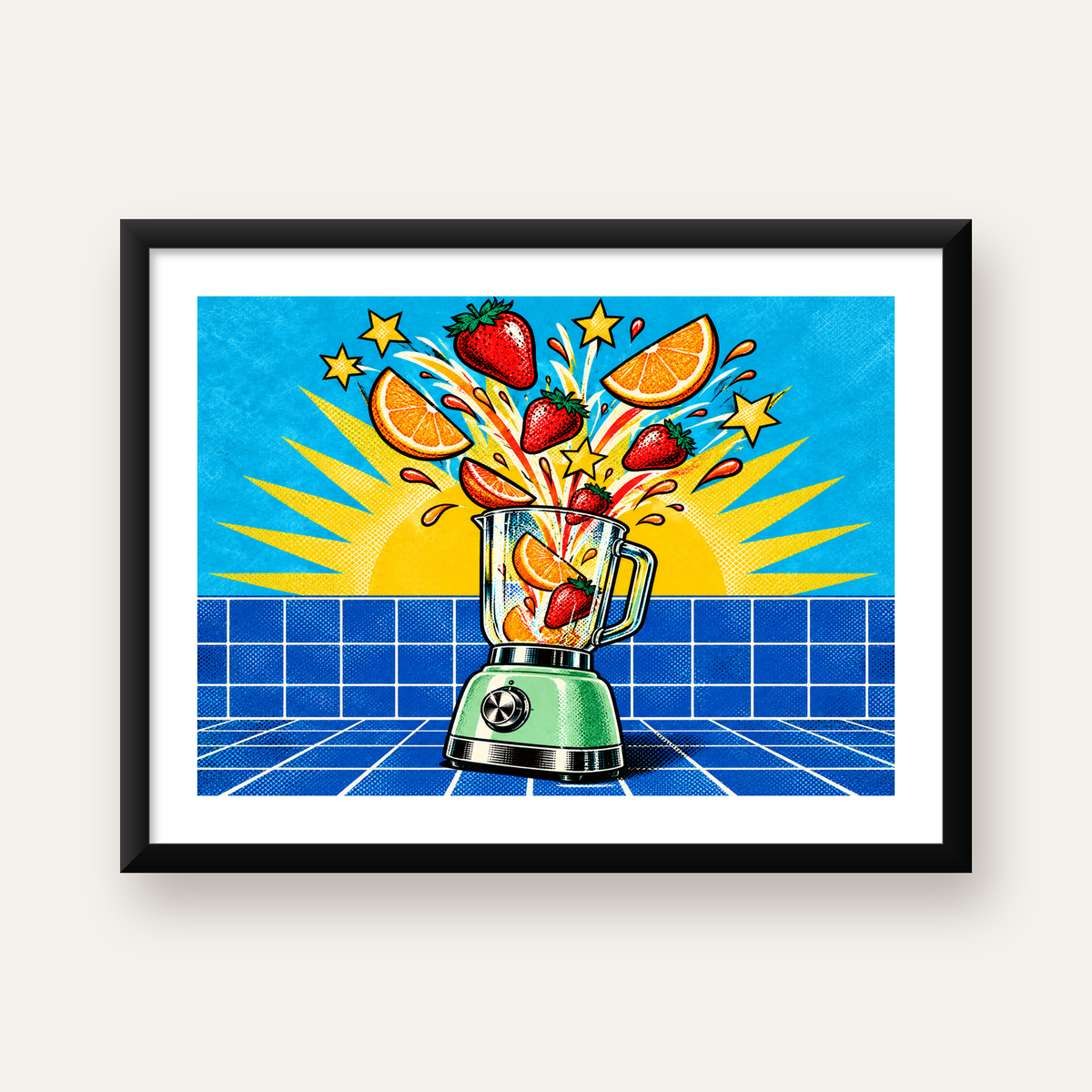 Retro Renkli Mutfak Blenderi Çizgi Roman Poster — Yatay baskı, beyaz paspartulu