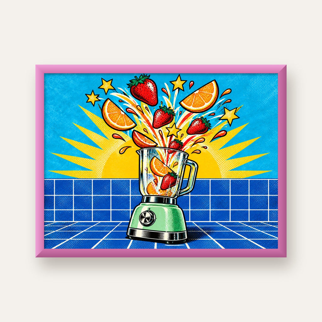 Retro Renkli Mutfak Blenderi Çizgi Roman Poster — pembe çerçeveli
