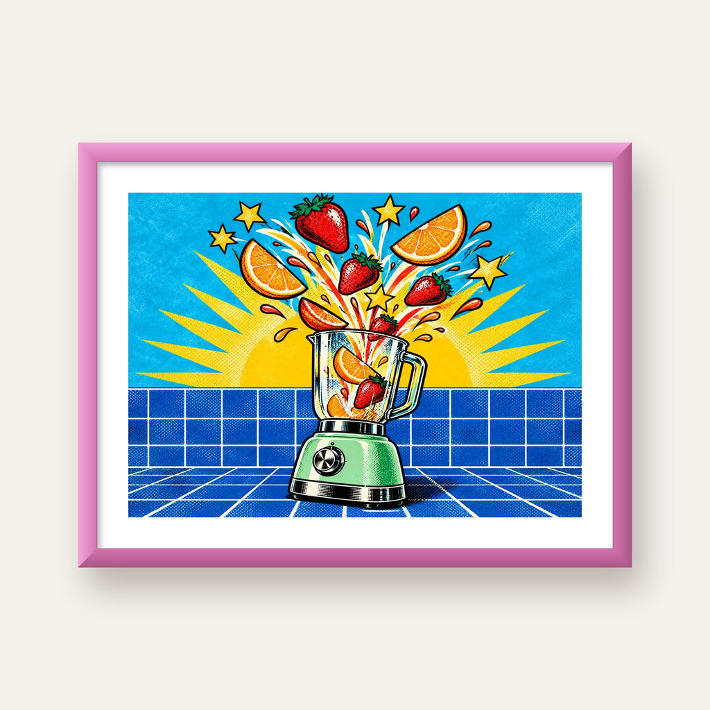 Retro Renkli Mutfak Blenderi Çizgi Roman Poster — pembe çerçeveli paspartulu