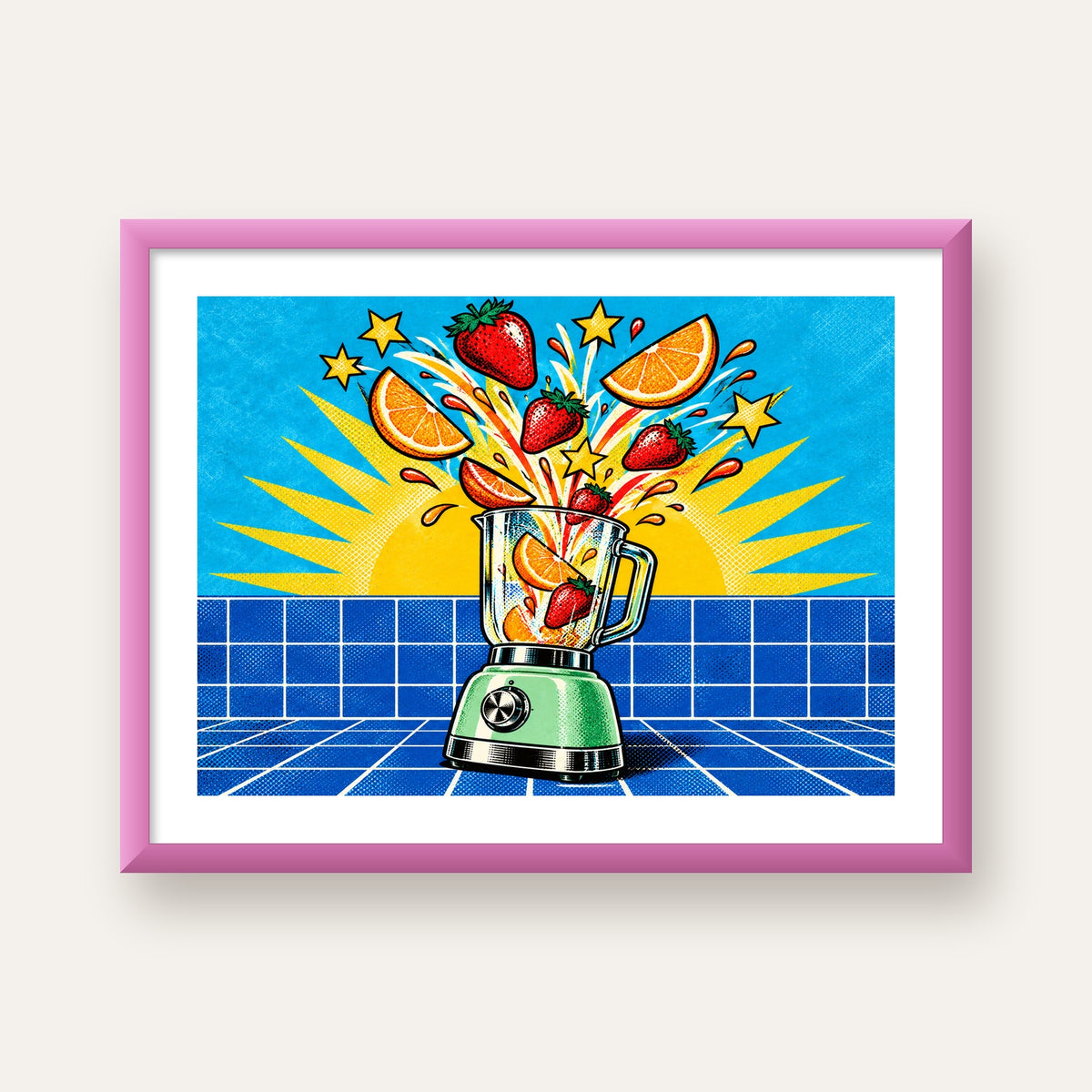 Retro Renkli Mutfak Blenderi Çizgi Roman Poster — pembe çerçeveli paspartulu