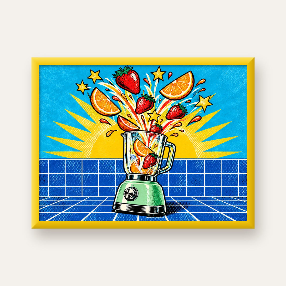 Retro Renkli Mutfak Blenderi Çizgi Roman Poster — sarı çerçeveli