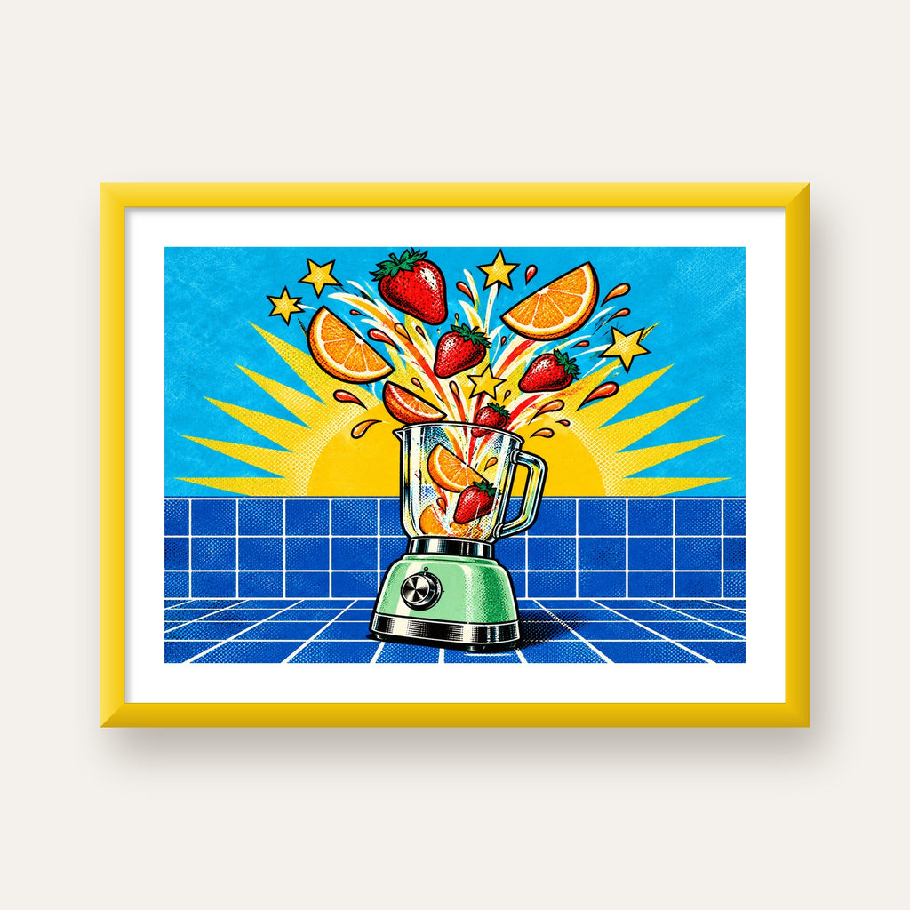 Retro Renkli Mutfak Blenderi Çizgi Roman Poster — sarı çerçeveli paspartulu