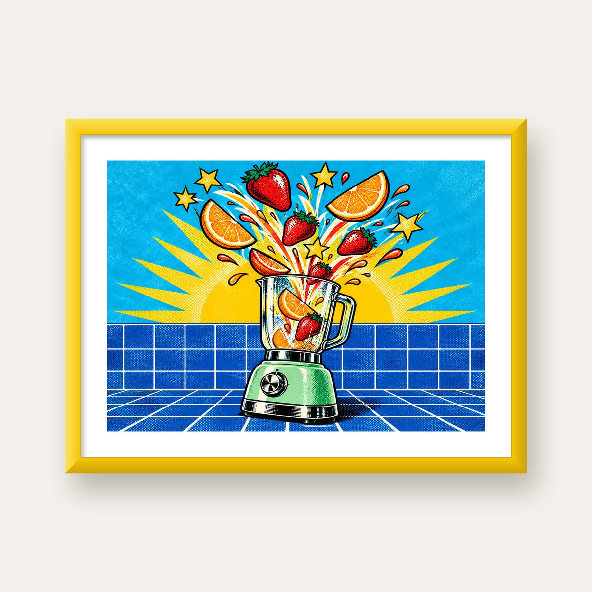Retro Renkli Mutfak Blenderi Çizgi Roman Poster — sarı çerçeveli paspartulu