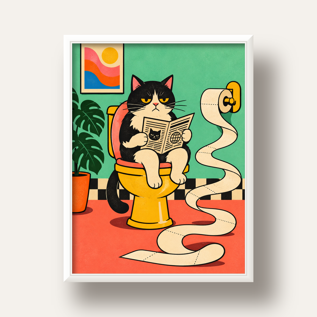 Tuvalette Gazete Okuyan Kedi Dijital Poster Krem Sarı — beyaz derin çerçeveli